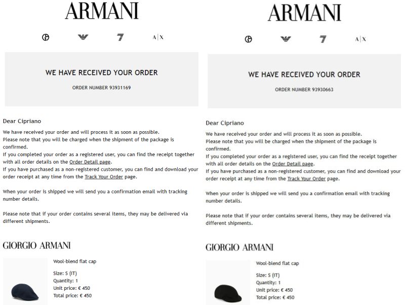 Armani Milano orders